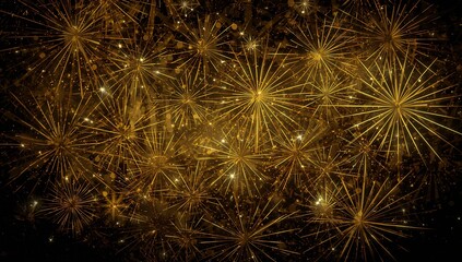 Lighting golden fireworks radial bursts forming starburst trails with falling sparks in night sky