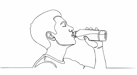 Man drinking from bottle enjoying refreshing beverage in profile view.