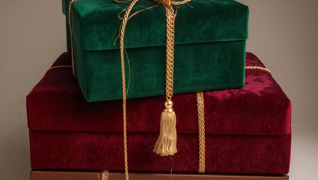 Showcasing centered three-box velvet stack on tabletop, emerald burgundy brown gold cord and tassel - Powered by Adobe