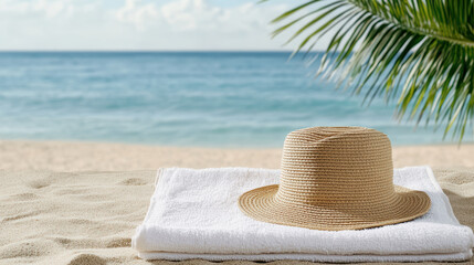 Straw hat towel sand beach ocean palm leaf serene summer relaxation