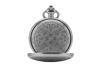 Elegant silver pocket watch with intricate floral engravings, a timeless piece of classic design, perfect for sophistication and vintage charm, detailed and refined