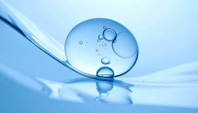 A clear orb rests on a translucent wave, with smaller bubbles inside, all bathed in soft, calming blue light