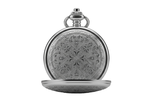 Elegant silver pocket watch with intricate floral engravings, a timeless piece of classic design, perfect for sophistication and vintage charm, detailed and refined