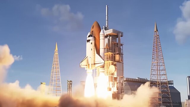 Space shuttle launch from launchpad with smoke and flames
