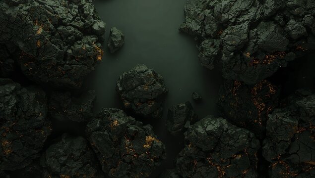 Showing central rounded boulder glowing with orange veins in rocky basin, with smooth dark pool - Powered by Adobe