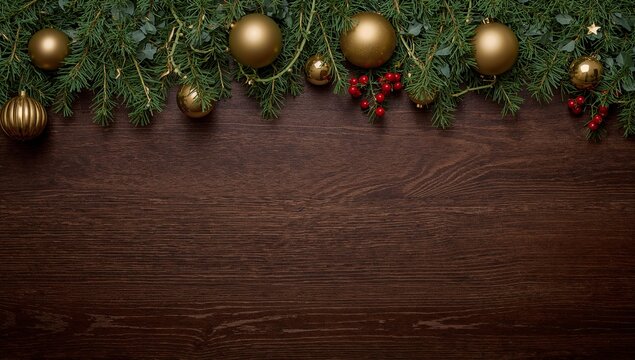 Displaying festive garland of fir and eucalyptus along wood tabletop, with gold baubles and berries