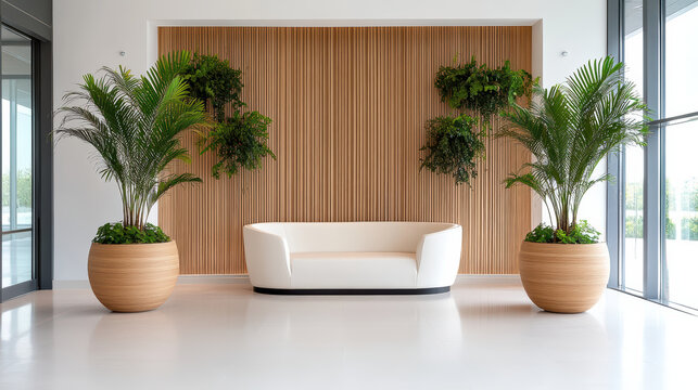 Modern white sofa with potted palm and wall plants creating calm natural wellness interior
