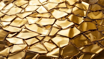 Gleaming irregular gold-toned glass shards reflecting studio light in close-up, with dark grout