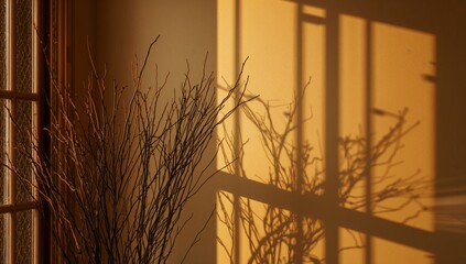 Casting bundle of bare twigs creating grid shadows on warm beige wall by frosted window