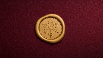 Sitting gold seal embossed with snowflake, catching light on burgundy cardstock, showing uneven rim