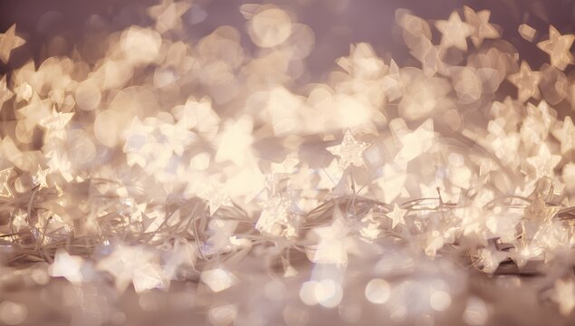 Glowing cluster of translucent star fairy lights creating bokeh on tabletop, showing plastic covers