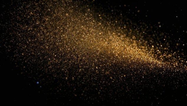 Sweeping gold dust cloud moving across black backdrop, with glitter bokeh tiny specks and warm beam - Powered by Adobe
