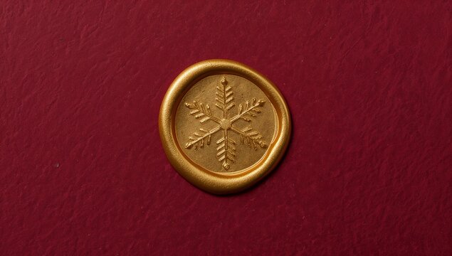 Displaying gold wax seal showing raised rim and six-point snowflake on deep red paper, pale speck