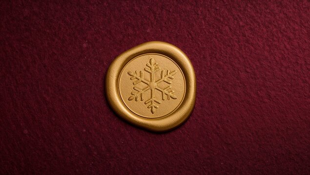Sitting gold seal embossed with snowflake, catching light on burgundy cardstock, showing uneven rim - Powered by Adobe