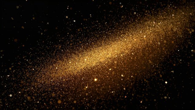 Glittering diagonal cloud of gold specks drifting across dark backdrop, with metallic flakes