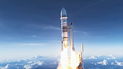 Rocket Launching Into Space Through Clouds And Atmosphere, Spacecraft Ascent - Powered by Adobe