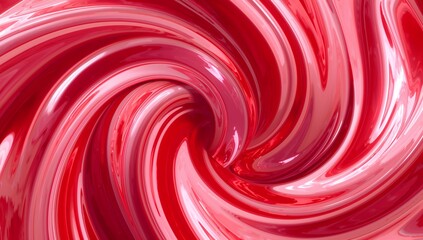 Swirling abstract glossy red vortex filling frame in digital rendering, with layered ribbons