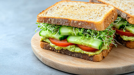 Avocado sandwich cucumber tomato sprout whole grain bread creamy avocado and fresh vegetables