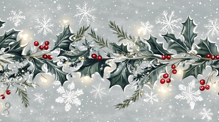 Winter wonderland border with holly leaves, twinkling lights, and snowflakes on a soft gray background. .