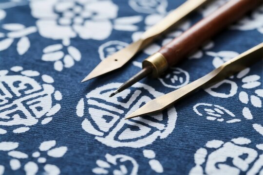 Three metal calligraphy pens with wooden handle resting on a blue patterned fabric