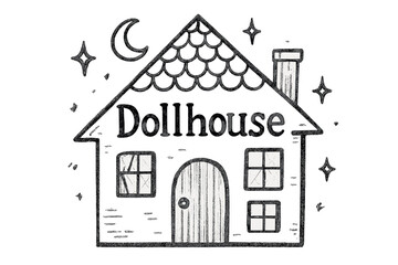 Fototapeta premium Sparkling Moonlit Dollhouse. Hand-drawn dollhouse with moons, windows, and sparkles, center word “Dollhouse” in black and white