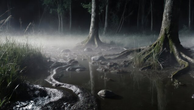 Night forest scene with moody lighting. Misty swamp with trees and reflections