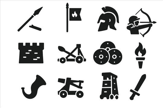Ancient Battlefield Icons. Solid style icons of Ancient Battlefields: Broken Spear, War Banner, Fallen Helmet, Catapult, Fortress