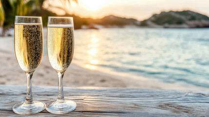 Sparkling champagne flute sunset beach romantic warm elegant celebration