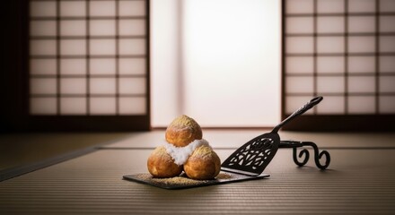 Japaneese cheesecake delicious cream puffs dusted with powdered sugar and nuts, elegantly presented on a black slate with a vintage server, set against a traditional japanese shoji screen backdrop
