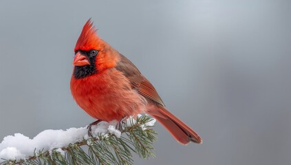 Perching male cardinal showing feather detail, beak and eye on snowy evergreen branch with needles