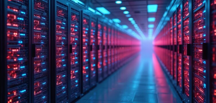 Rows of servers blink with red and blue lights inside a data center. A digital pathway glows intensely, suggesting powerful computing and vast information networks.