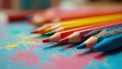 Set of colored pencils, wax crayons on creative surface with bright powder. Art supplies for drawing, painting, learning. Child tools for school art project in classroom at home for fun creative