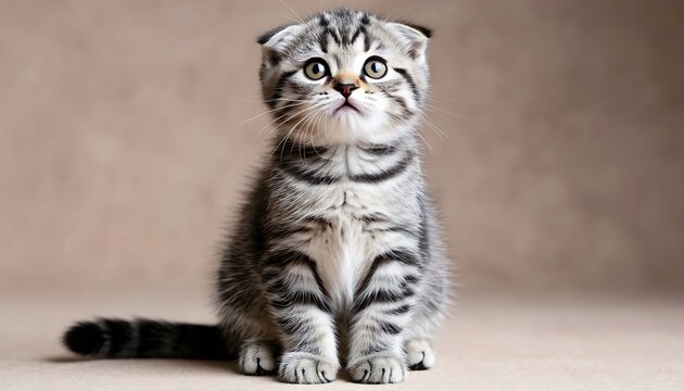 Young Scottish Fold kitten sitting, looking curious with wide eyes. Pet cat expressing innocence and cuteness - Powered by Adobe