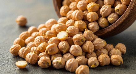 Raw dried chickpeas spilling from a wooden bowl onto a dark surface, ready for cooking healthy and nutritious meals