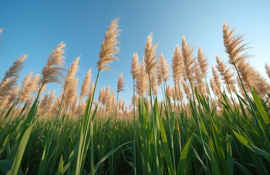 Tall green reeds with feathery tops sway gently against a clear blue sky. Their seed heads catch the sunlight creating a warm golden glow. This common plant thrives in wetlands and along riverbanks.