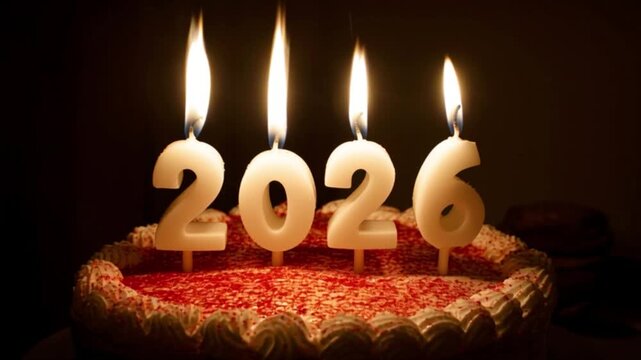 Burning birthday candles forming the number 2026 glowing above festive cake in warm low light atmosphere creating celebration mood and new year party concept for holiday greeting wishes milestone anni