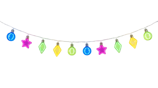 full view neon festive bulb garland, bright vibrant glow, clean shapes, modern party vibe, isolated on pure white background