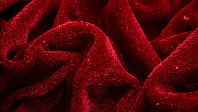 Showing deep red plush blanket displaying dense pile and folded creases at home, lint visible - Powered by Adobe