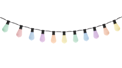 full view pastel color bulb lights, soft matte shine, dreamy party ambiance, evenly arranged, isolated on pure white background
