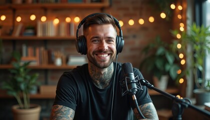 Man with headphones and tattoos smiles happily. He wears a black t-shirt and sits before a microphone. He looks like he is hosting a podcast in a cozy studio.