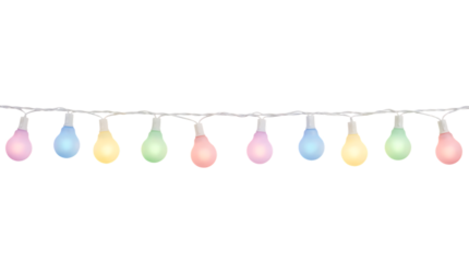 full view pastel color bulb lights, soft matte shine, dreamy party ambiance, evenly arranged, isolated on pure white background