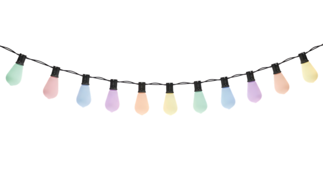 full view pastel color bulb lights, soft matte shine, dreamy party ambiance, evenly arranged, isolated on pure white background