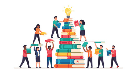Naklejka premium Diverse team building knowledge with books toward bright idea, education success concept, learning together, bright future, collective wisdom