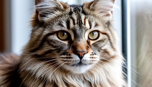 Domestic cat with brown striped fur and green eyes looking directly, animal portrait capturing a curious and calm expression