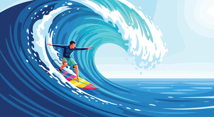 Dynamic vector art of surfer riding a vibrant wave, perfect for summer ads and tropical travel promotions for a fun, active lifestyle