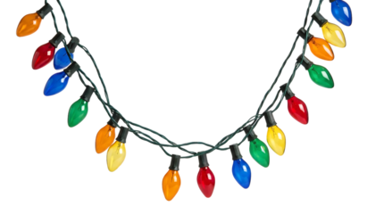 full view colorful party bulb garland, glossy surface, subtle shine, gentle reflections, isolated on crisp white background, celebration decor style