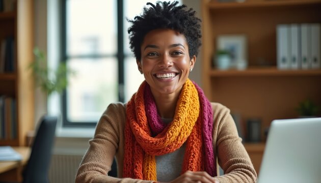 Smiling woman with short curly hair and colorful scarf sits at desk with laptop. Bright office interior, natural light, cozy workspace. She looks happy and relaxed while working indoors.