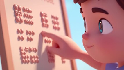 Animated boy pointing at braille board, learning to read with tactile writing system. - Powered by Adobe