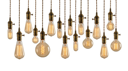 full view vintage edison bulb string lights, filament glowing warmly, high clarity, minimal shadows, isolated on bright white background