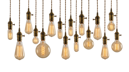 full view vintage edison bulb string lights, filament glowing warmly, high clarity, minimal shadows, isolated on bright white background